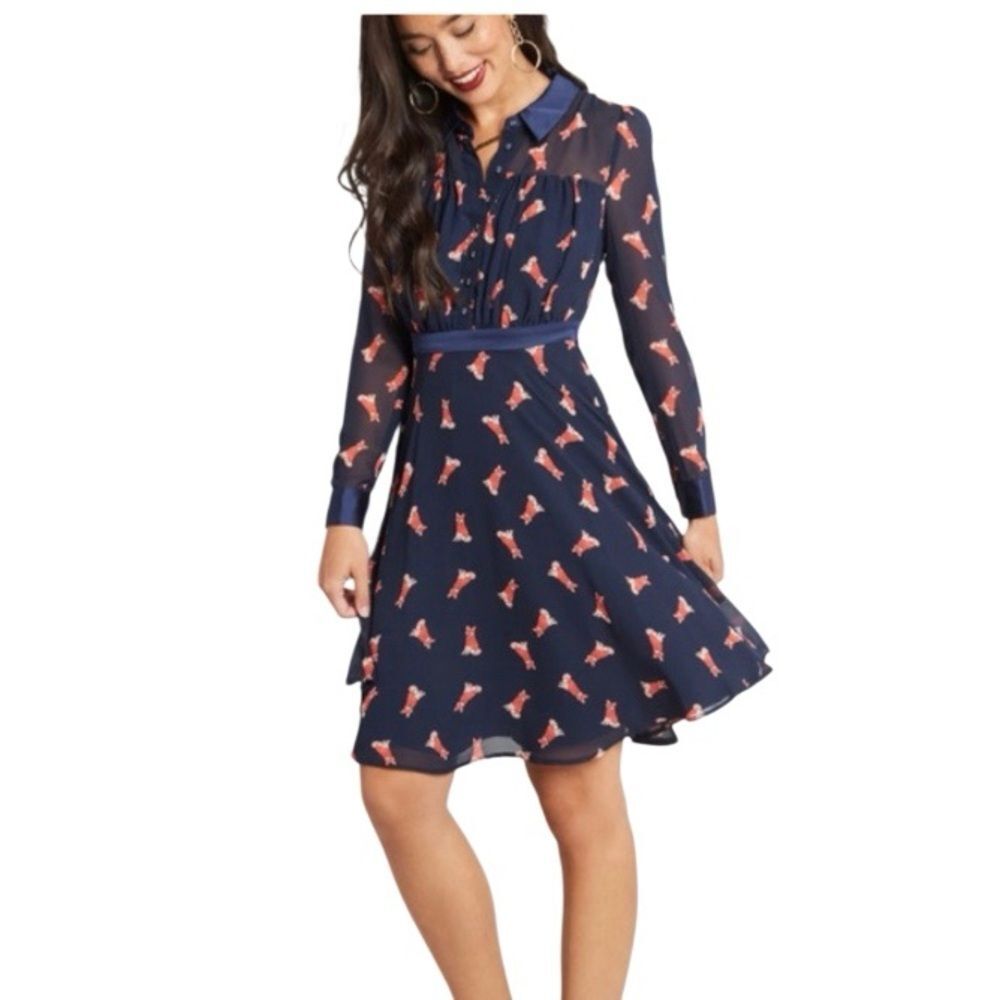 MODCLOTH Navy Chiffon Shirt Dress Fox All Over Print Womens Size Medium